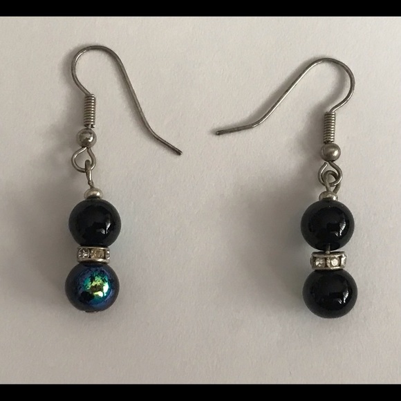 New Handmade by Artist Earrings Blue Beads Faux Diamonds - Picture 4 of 16